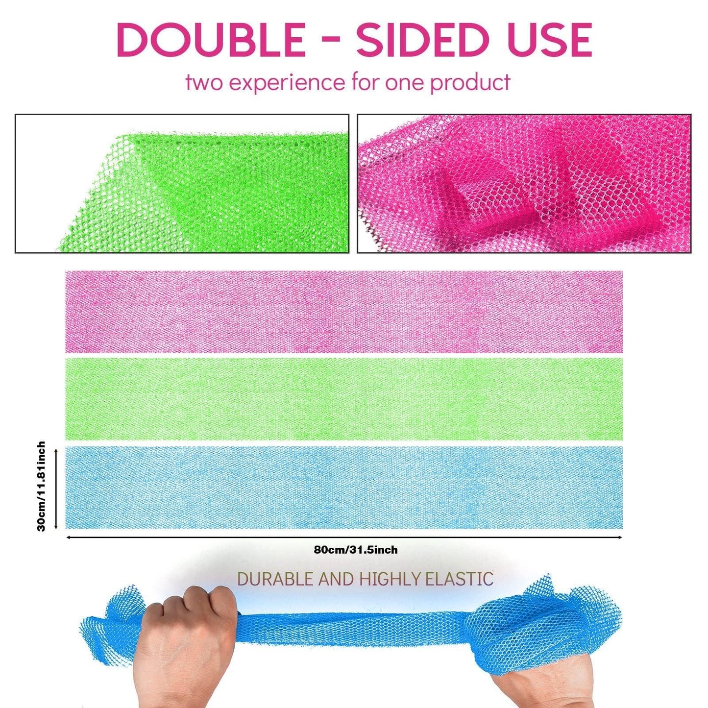 UJFQBH 3 Pieces African Bath Sponge African Net Long Net Bath Sponge Exfoliating Shower Body Scrubber Back Scrubber Skin Smoother,Great for Daily Use (Rose Red, Blue, Green)