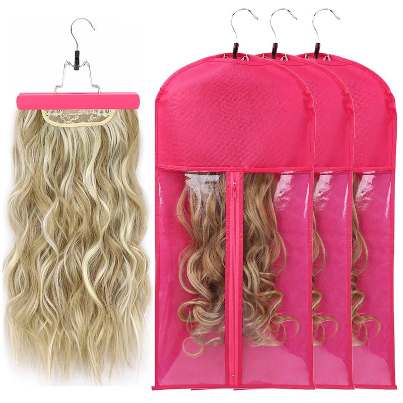 Professional Hair Organizer Bags with Hanger - 3 Pack Protective Cases for Multiple Wigs Extensions Hairpieces Holder Rose Pink Travel Carry Pouch Salon