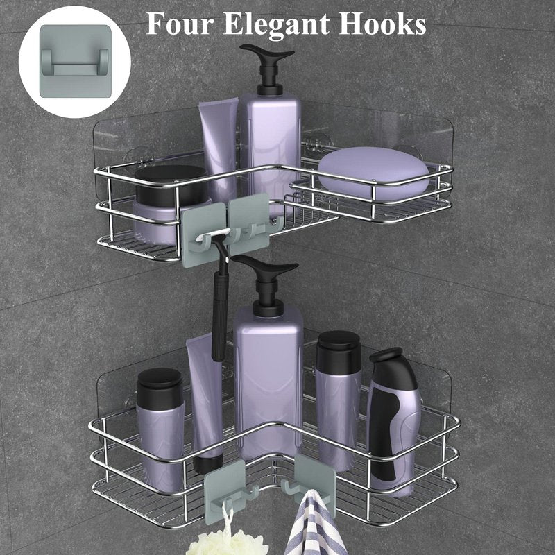 Nieifi Corner Shower Caddy with Built-In Soap Holder with Hooks, Shower Organizer Shelf Rack Basket Storage, Rust Proof Stainless Steel Bathroom Shelves Drill Free 2 Pack For 90-Degree Corner Only