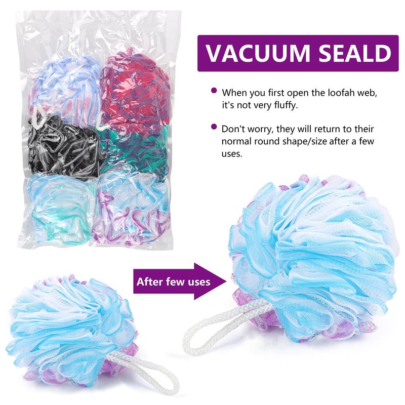 6 Pack Bath Loofah Sponge, 100g/pc XXL Large Mesh Pouf Shower Sponge Exfoliating Body Scrubber Shower Scrunchies