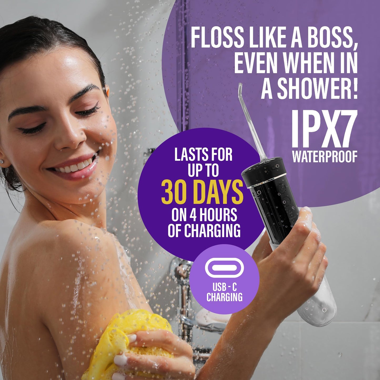 GuruNanda Compact Water Dental Flosser, Portable Travel Size Oral Irrigator Flosser with Collapsible 180 ml Tank, Smart Timer, 4 Flossing Modes, TSA-Friendly - Black