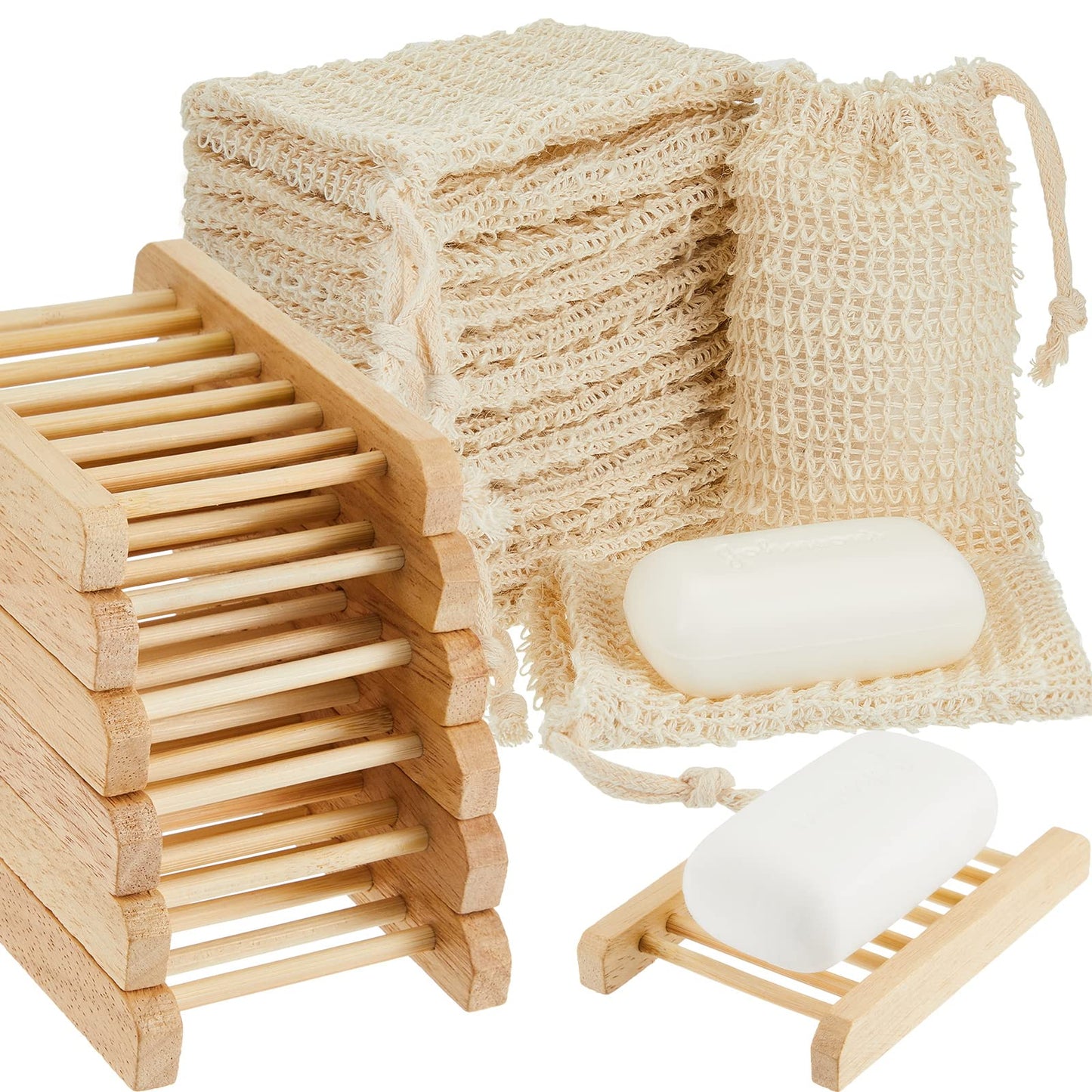 Rtteri 60 Pcs Soap Saver Bags & Bamboo Soap Holder Set Exfoliating Sisal Soaps Washing Bags Self Draining Wooden Bar Soaps Dish for Shower Bath Toilet Kitchen Restaurant