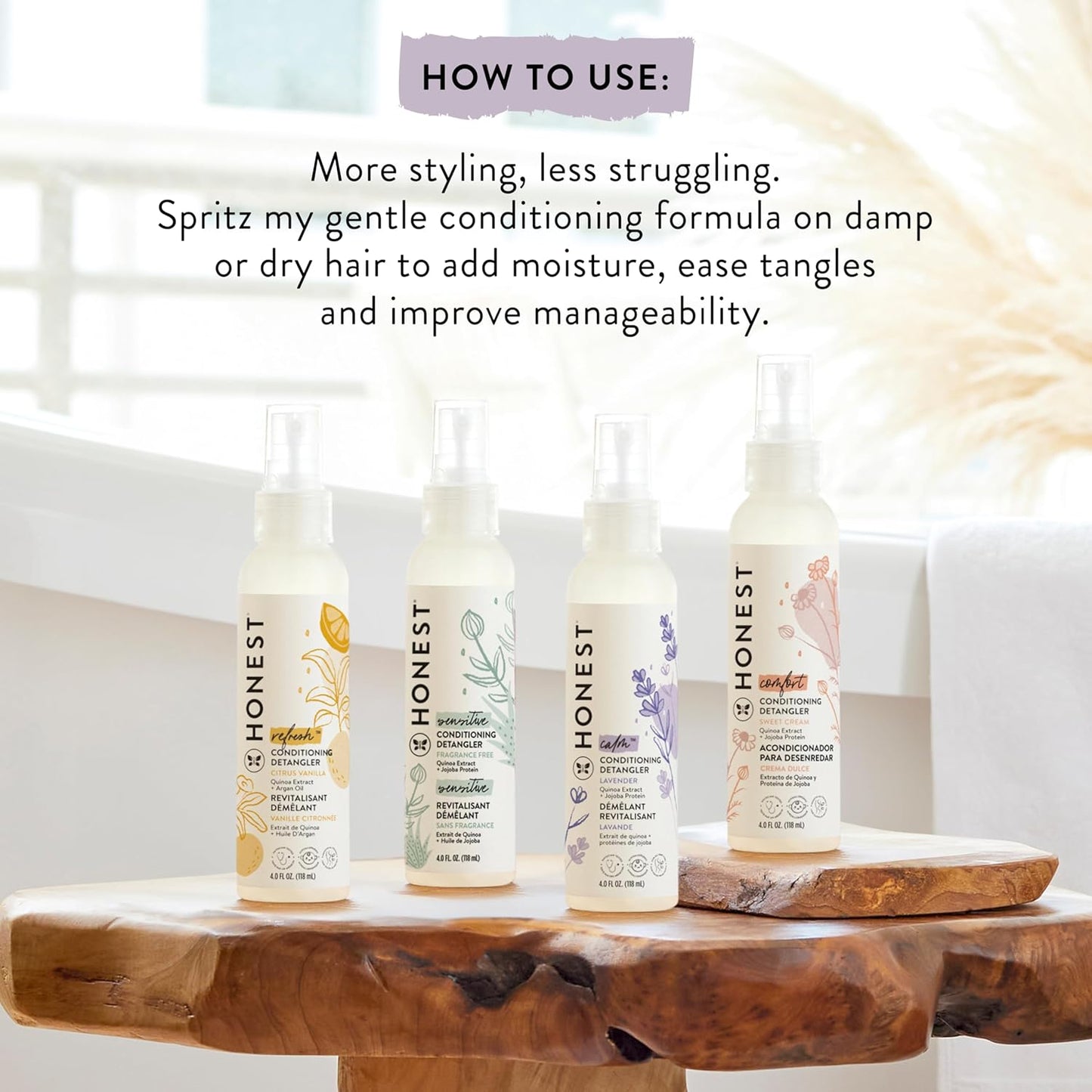The Honest Company Fragrance-Free Hair Detangler - Tear-Free Leave-In Conditioner for Sensitive Skin | 4 fl oz (Pack of 3)