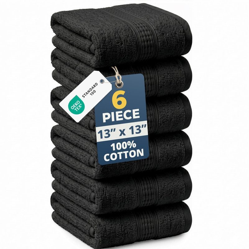 LANE LINEN Washcloths 6 Pack - 100% Ringspun Cotton Washcloths - 13"x13"- Soft Textured, Well Stitched, Lightweight Towel - Absorbent & Durable - Perfect for Daily use - Black Wash Cloths