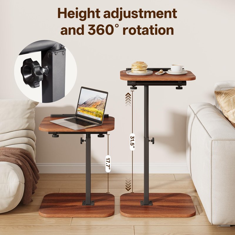 MYBEILEYI TV Tray Table, Adjustable Height, Flip-Top, Snack Side Table with 360° Swivel and 180° Tilt, C Shaped End Table for Couch, Sofa, Bed, Recliner, Walnut