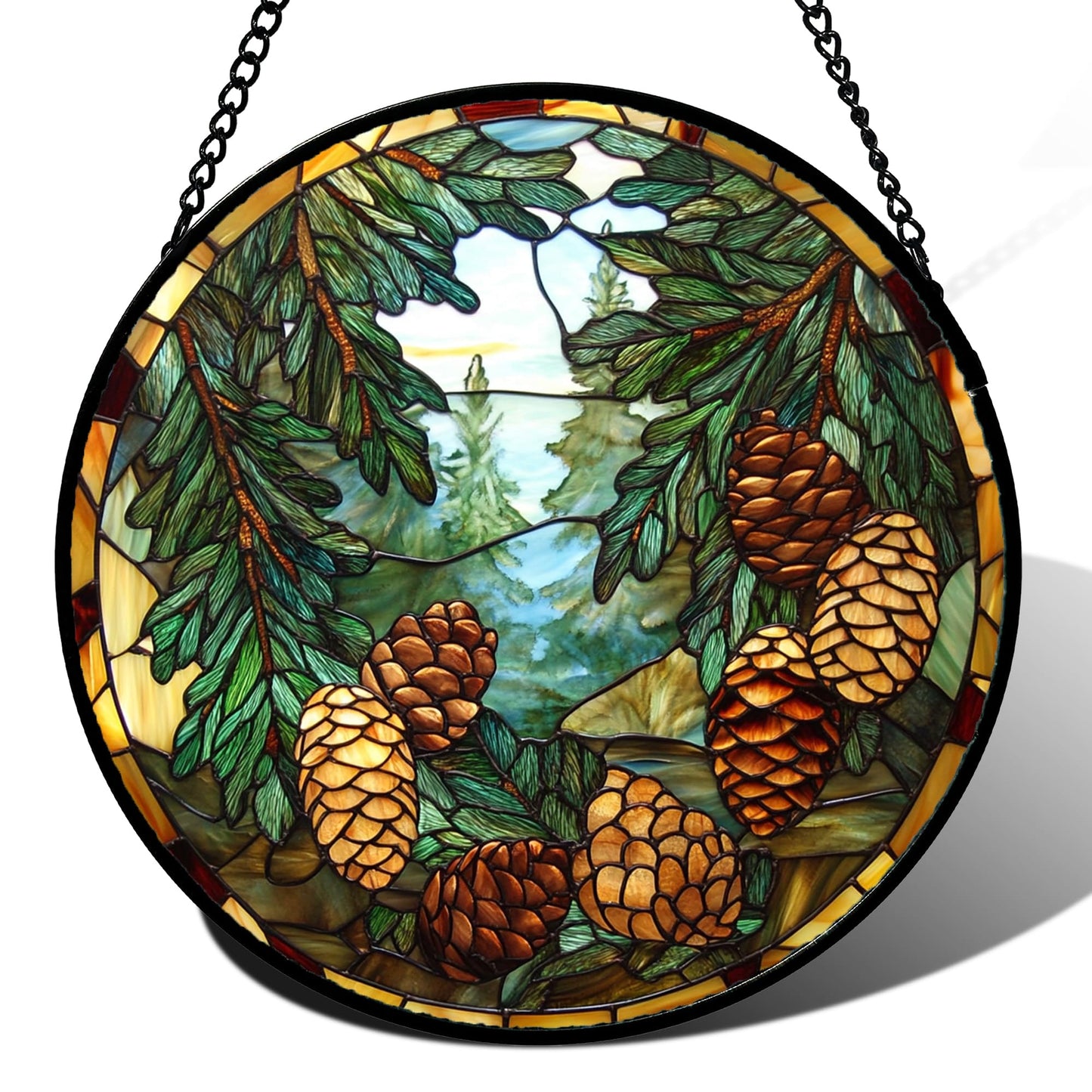 QZQCBLC Stained Glass Window Hanging Forest Pine Cone Landscape 7.8" - Green Suncatcher Door Terrace Garden Sun Catcher Home Decor Birthday Christmas for Mom Men Woman Wife