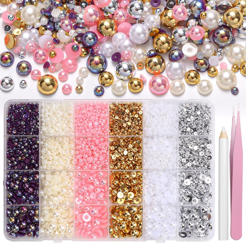 9000Pcs Flatback Pearls for Crafting, Silver Gold White Nail Half Pearls and Gems, 3-8mm Color Pink Beige Purple Half Round ABS Flatback Pearl Gems Bedazzling for Nails DIY Shoes Clothes Bags