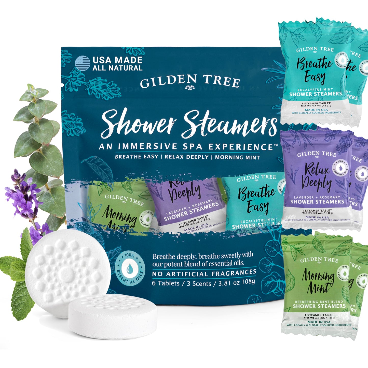 Gilden Tree Shower Steamers Aromatherapy Variety Pack – Sinus Relief, Relaxation & Energy Essential Oils, Birthday Gifts for Women Men Teens Adults, Individually Wrapped Made in USA (6 Pack, 3 Scents)