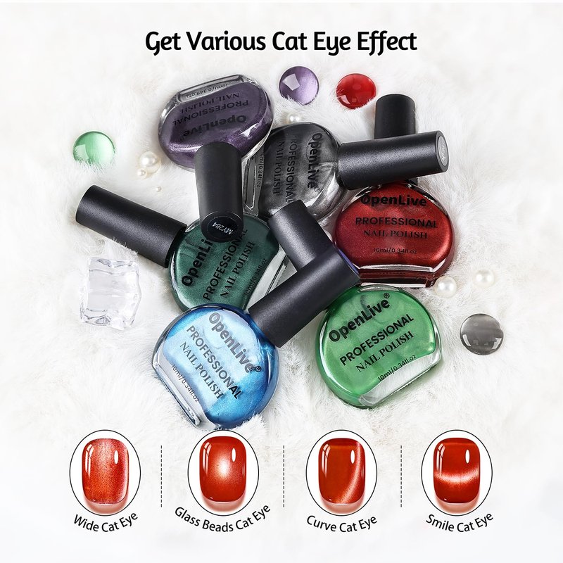 OpenLive 6 Colors 10ml Luminous Cat Eye Nail Polish with Magnet Stick Quick Dry Nail Polish for Nail Art DIY Home Manicure Gift for Women