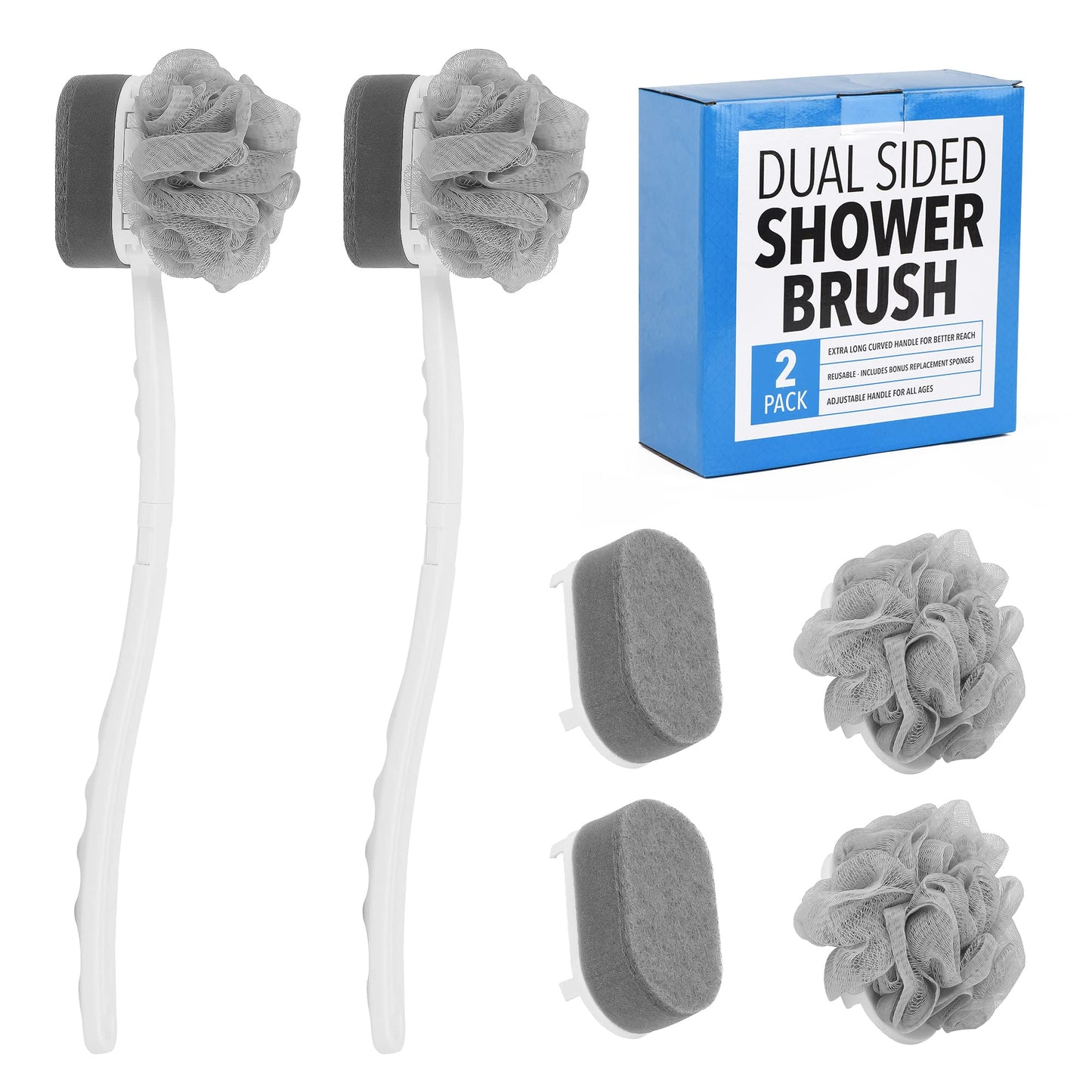 Impresa Extra Long Handle Shower Brush - Dual-Action Loofah & Exfoliating Sponge Body Scrubber - Ergonomic Grip Back Scrub Brush - Replacement Loofah & Sponge Heads - Pack of 2, White