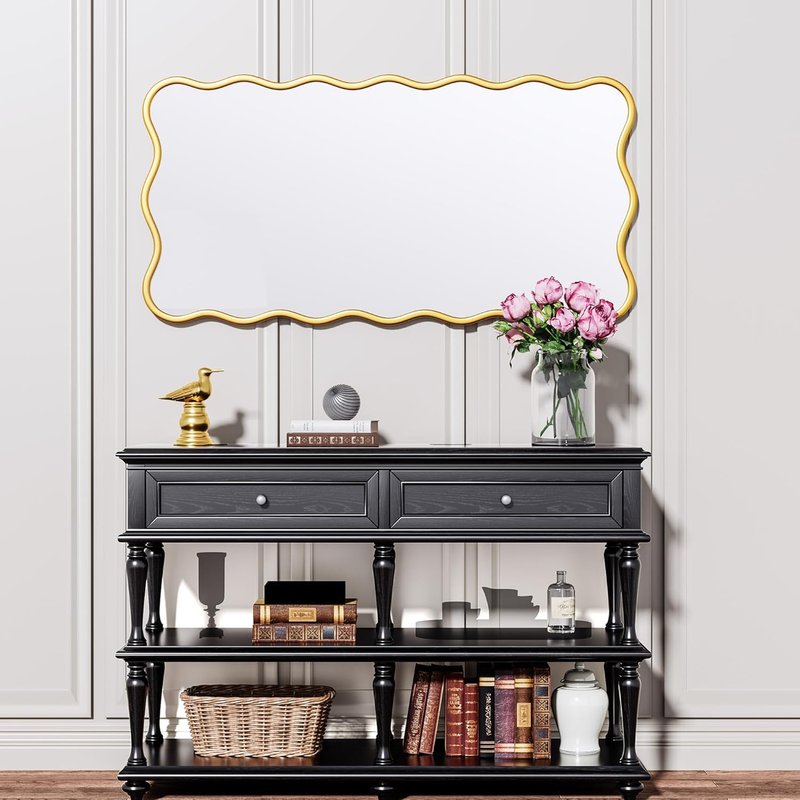 PROHOMEWARE Gold Bathroom Mirror - Wavy Rectangular Wall-Mounted Vanity Mirror | 24" x 48" for Bedroom, Entryway, Living Room