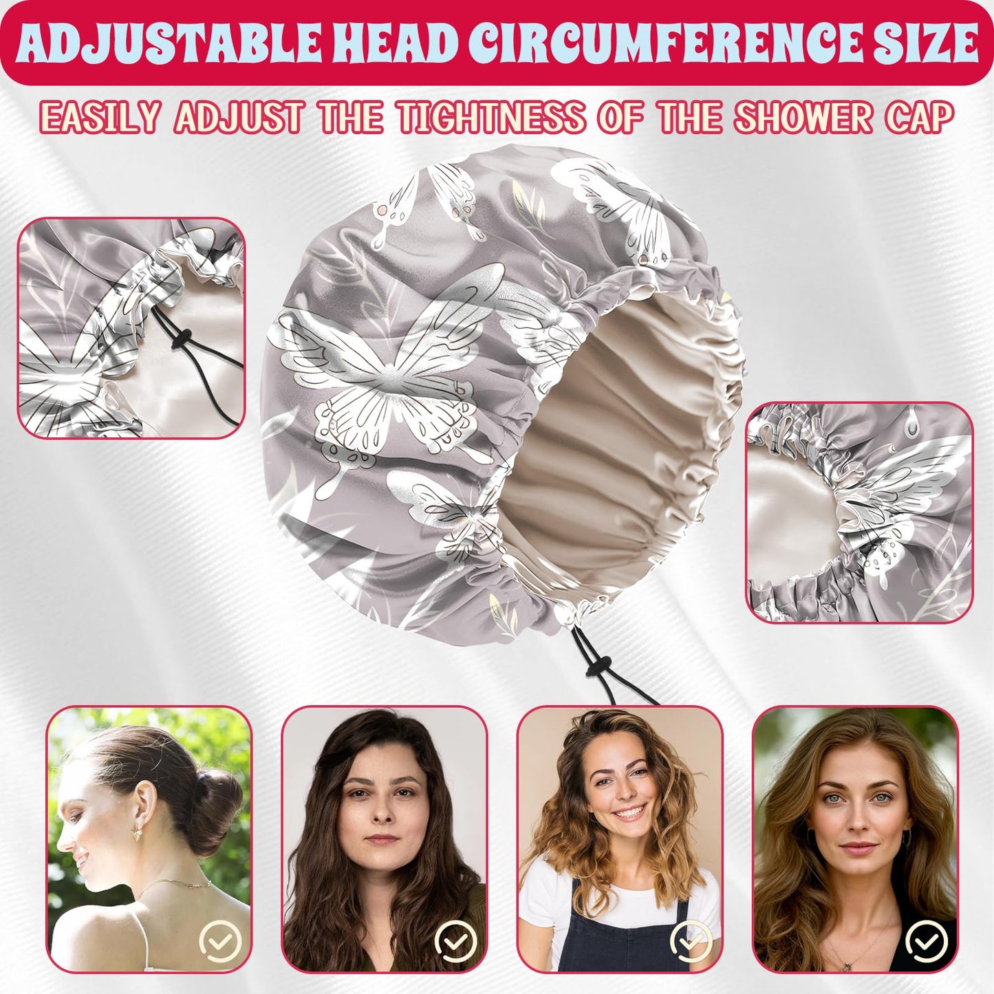 BHAHB Luxury Shower Cap Satin Lined Reusable Waterproof Double Layer Elastic Adjustable Hair Bath Cap Cute Aesthetic Women Girls-White Butterfly