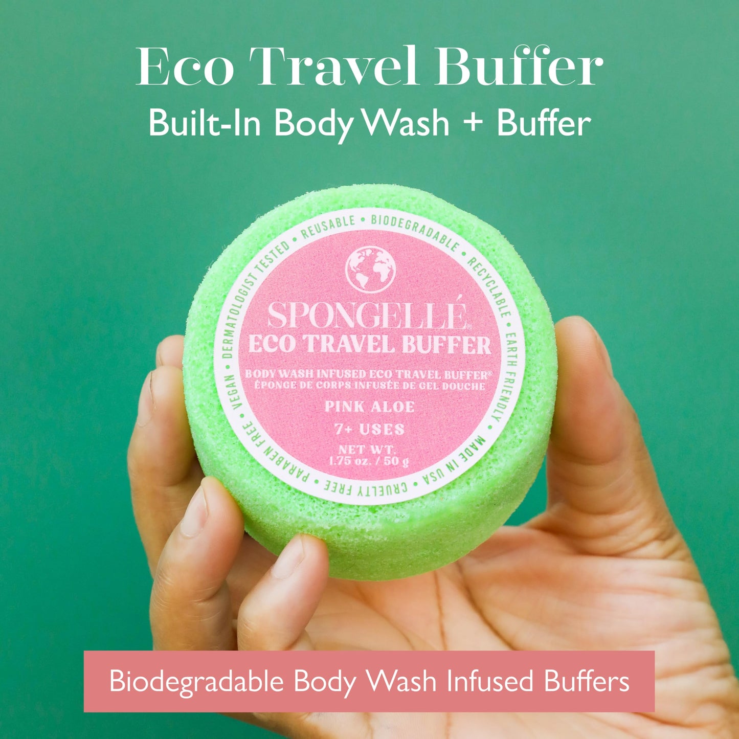 Spongelle Pink Aloe Eco Collection Travel Body Buffer Body Scrubber | Bath & Shower Loofah for Men & Women | Biodegradable, Cruelty-Free, Vegan, Dermatologist-Tested, Made in USA | 7+ uses