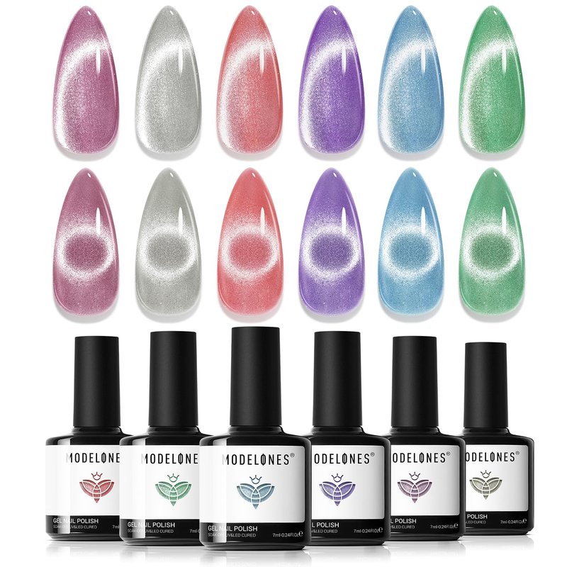 Modelones Cat Eye Gel Nail Polish - 6 Colors Holographic Glitter | Soak Off, 9D Semi-Transparent for Nail Art