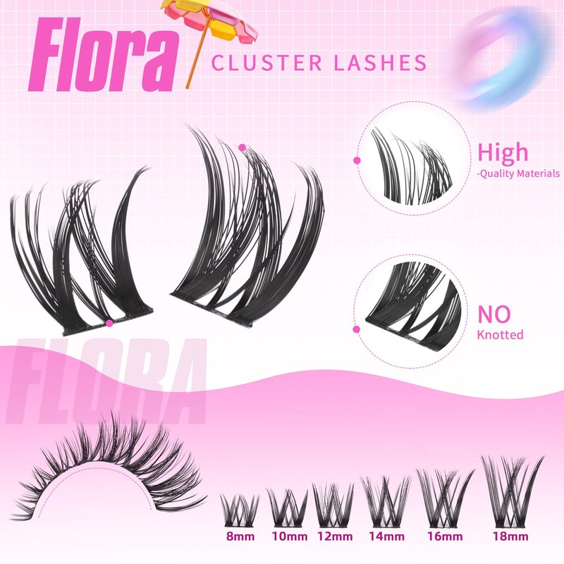 Geeneiya FLORA Lashes Clusters Kit DIY Lash Extension, 8-18MM Wispy Lash Clusters, Ultra-thin Band Eyelash Extension Kit with Waterproof Black Lash Bond and Seal, Lash Remover, Tweezers for Beginners