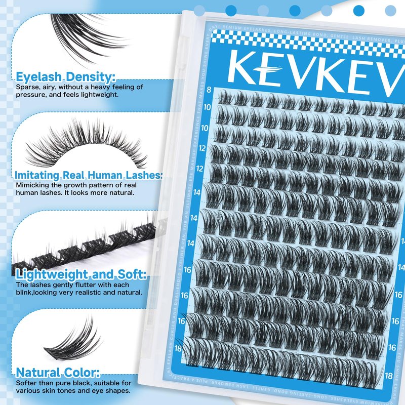 KEVKEV Lash Clusters 144 Pcs Eyelash Clusters Wispy Natural Cluster Eyelash Extension Thin Band & Soft Mix Length Lashes DIY Lash Extensions at Home Easy to Apply(Cloudy,8-18mix)