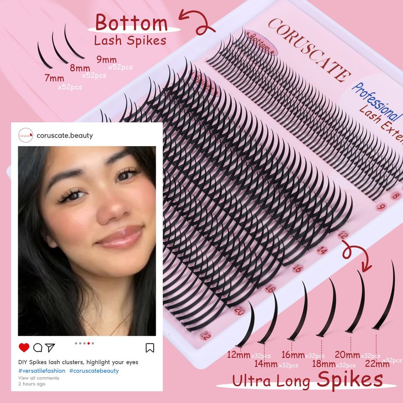 CORUSCATE Lash Clusters with Spikes Ultra Long 12-22mm Lash Spikes 7-9mm Bottom Lashes Supply Cluster Eyelash Extensions For Pros Multi-Eye Lash Styles DIY Eyelashes for Manga/Spiky/Mega Look