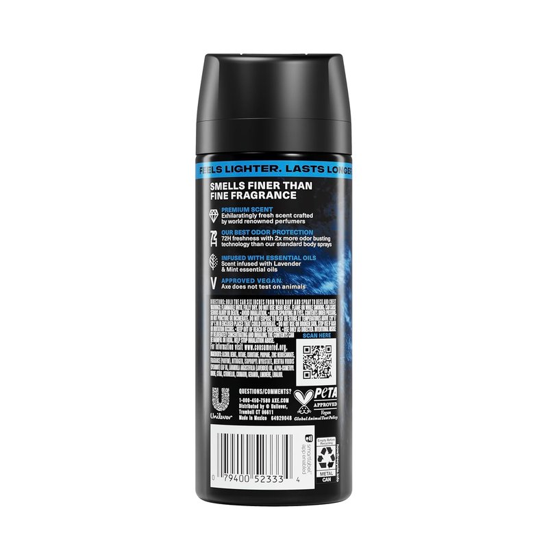 AXE Fine Fragrance Collection Body Spray Blue Lavender 72 Hour Freshness Aluminum Free 2.9 oz