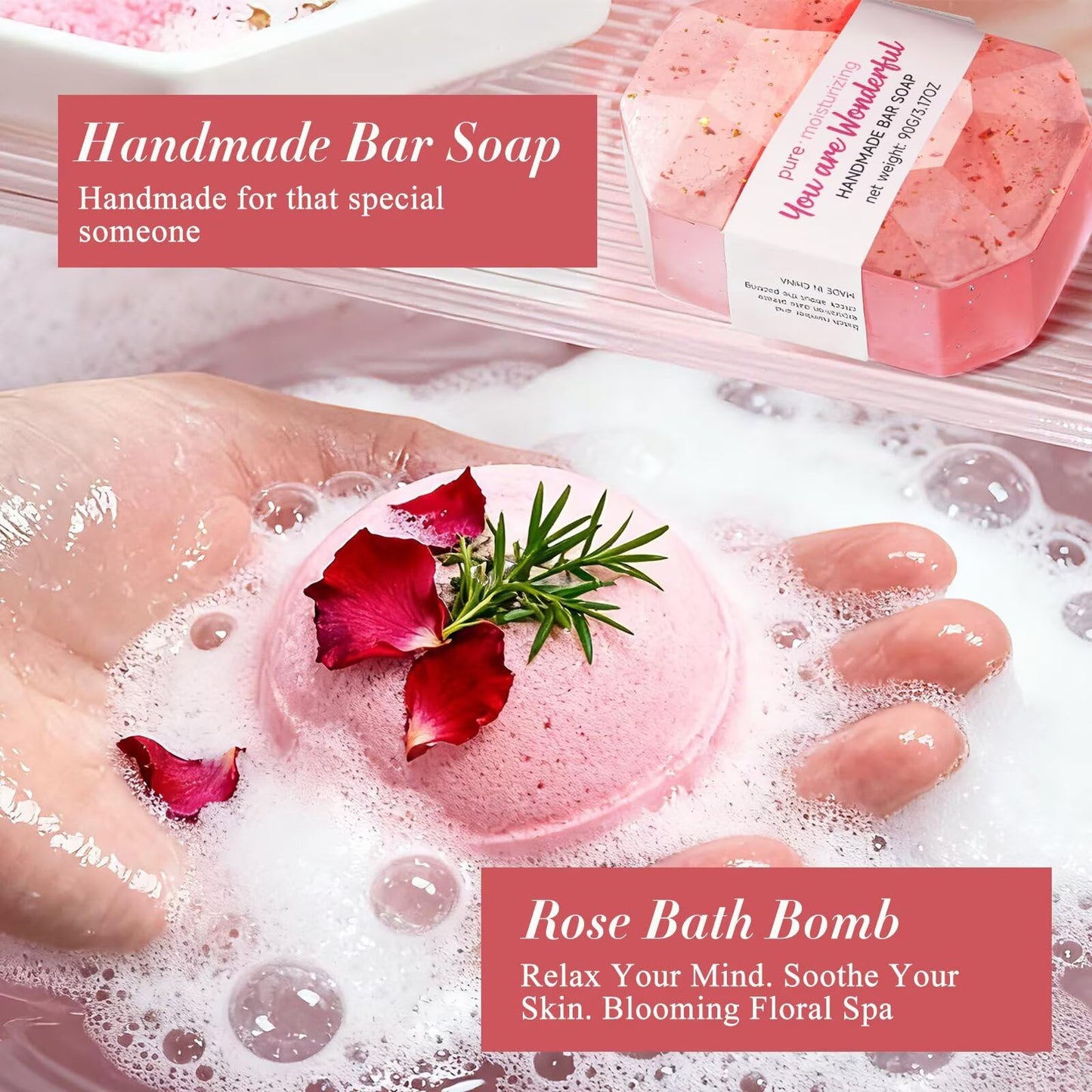 Spa Gifts for Women 7 Pcs Home Spa Kit Rose Gifts for Woman,Spa Gift Baskets Self Care Gifts Spa Gift for Women Birthday,Mothers Day Basket Easter Christmas Bath Set