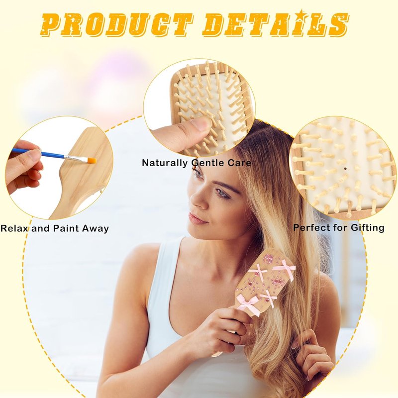 DIY Wooden Hairbrush Painting Kits - Natural Wood Paddle Brush with Stickers for Arts & Crafts | 8 Sets for Girls
