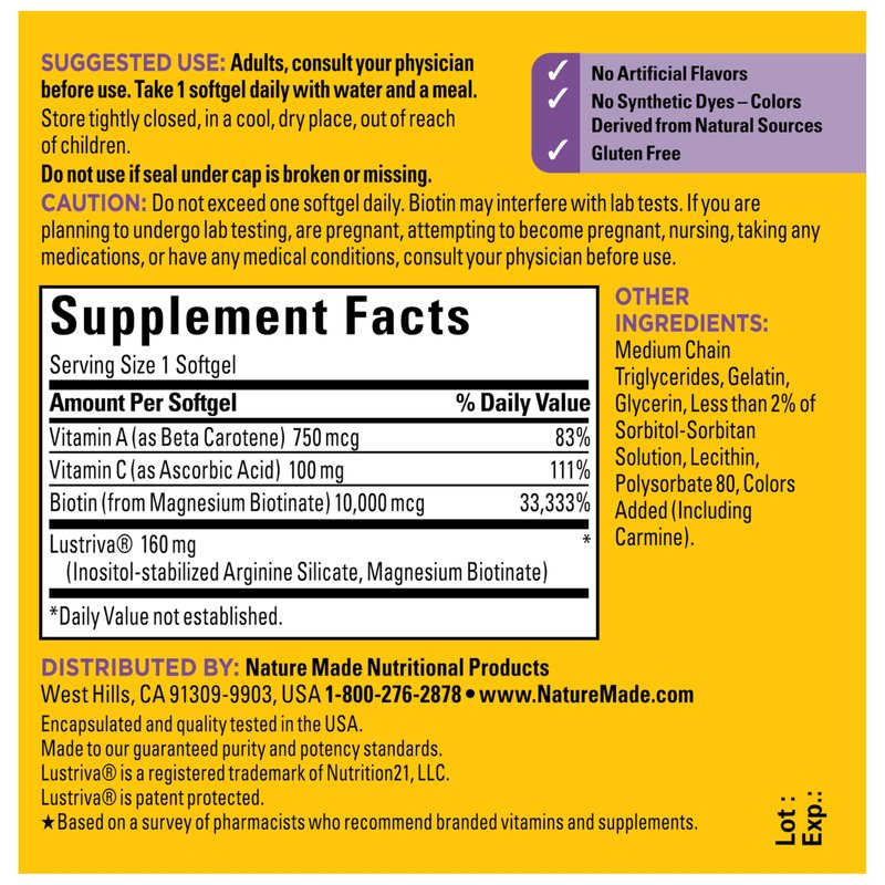 Nature Made Hair Growth Softgels, Clinically Studied Lustriva + Biotin, Vitamin C & A, Hair Growth Vitamins - Support Healthy Hair as You Age, 30 Softgels, 30 Day Supply