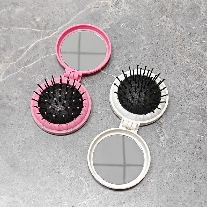 2 Pack Folding Hair Brush with Mirror, Compact Foldable Brush with Mirror for Purse, White and Pink