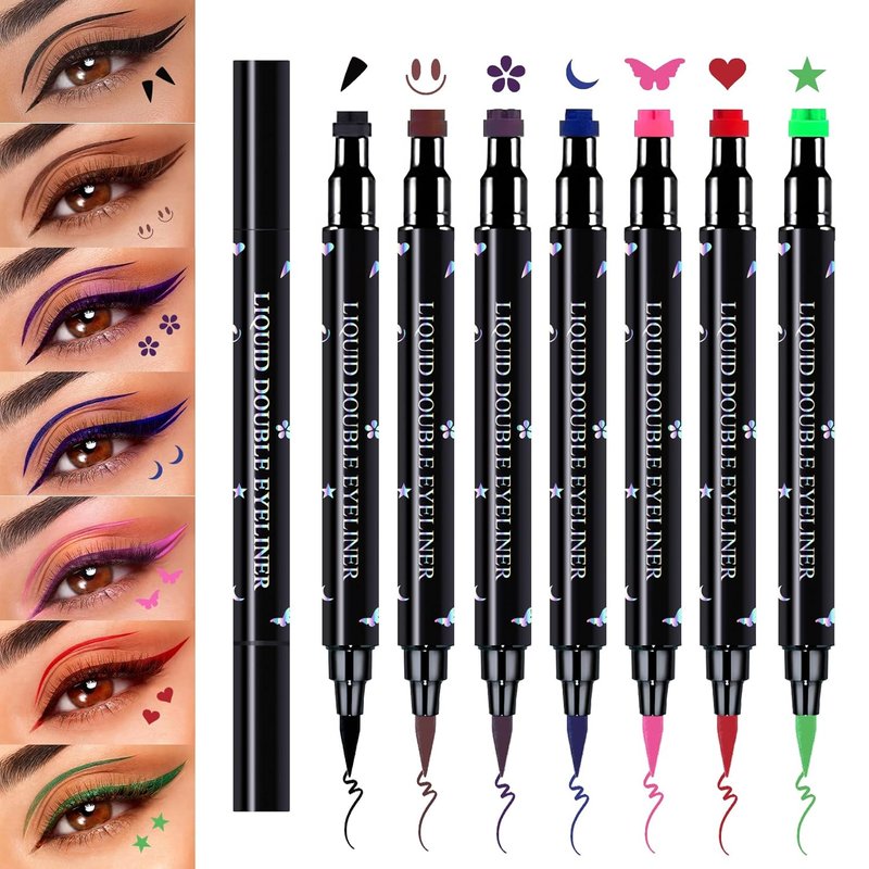 Double-Headed Eyeliner Stamp Set - 7 Colors Waterproof & Smudgeproof Liquid Winged Eyeliner for Flawless Eye Makeup