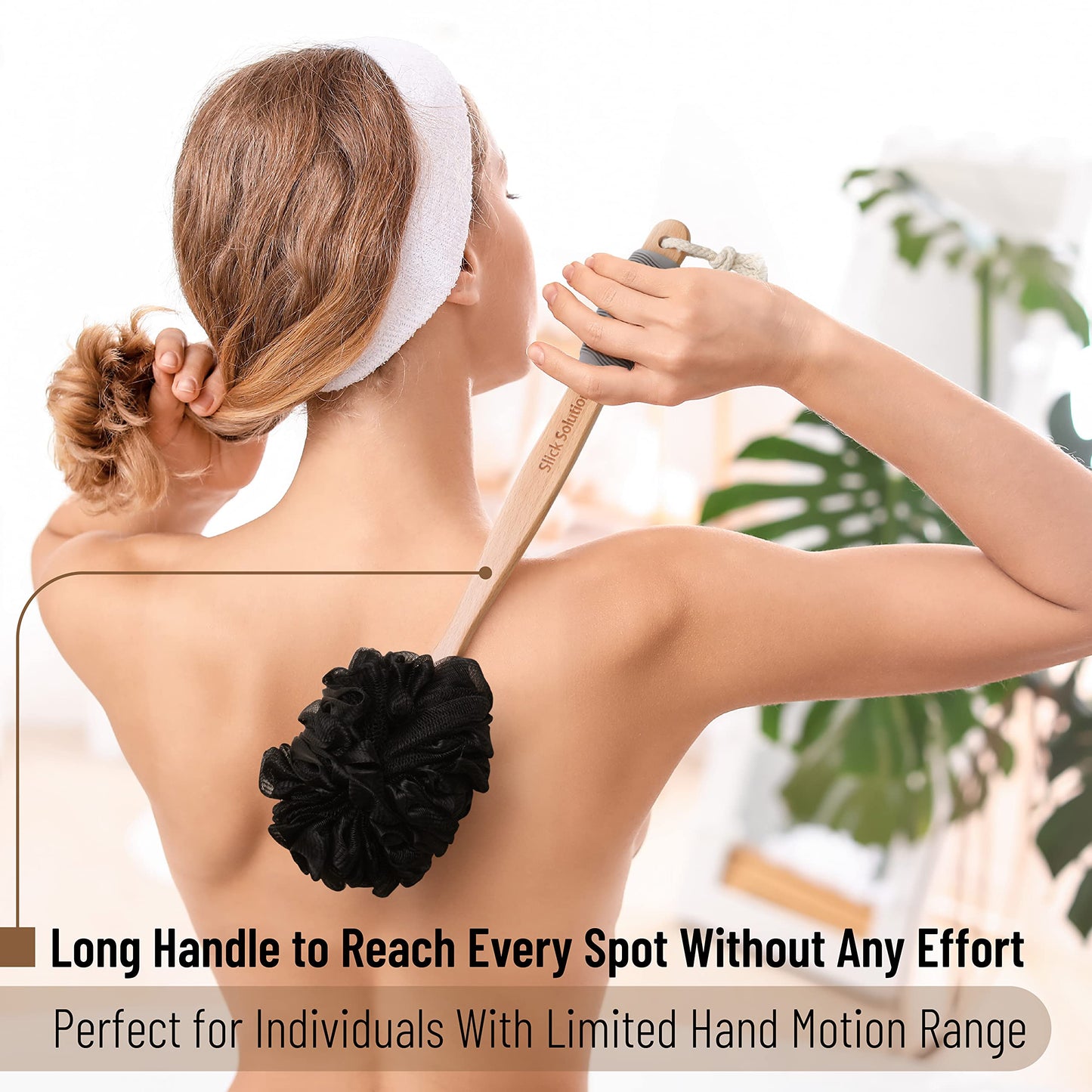 Slick- Loofah with Handle, 17", Gray, Loofah Back Scrubber with Long Wooden Handle, Shower Supplies