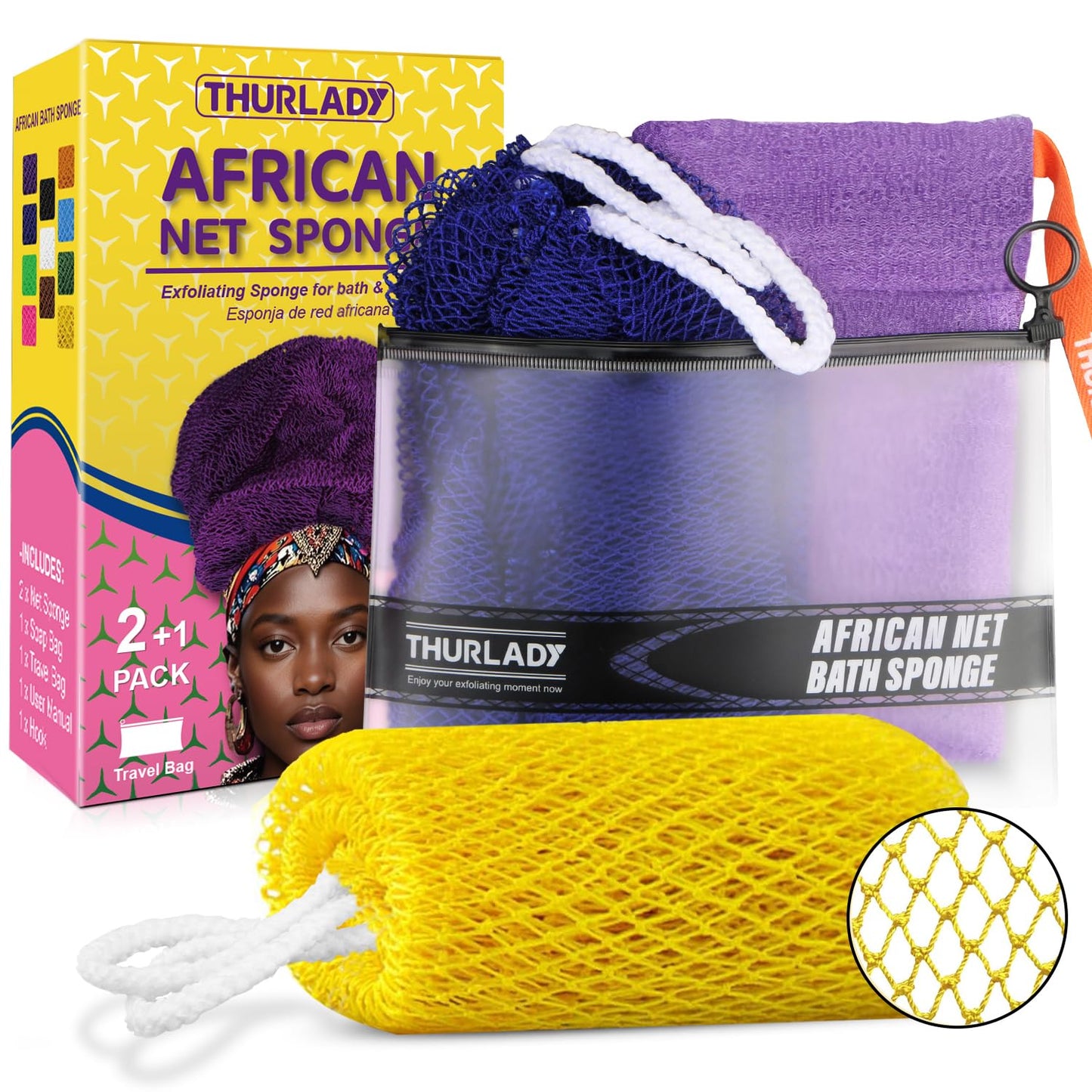 THURLADY African Exfoliating Net Sponge, 2 Pack Exfoliating Body Back Scrubber Bath Sponge for Shower, Exfoliating Washcloth Loofah Towel, Full-Body Gentle Cleansing & Daily Exfoliation, Navy Yellow
