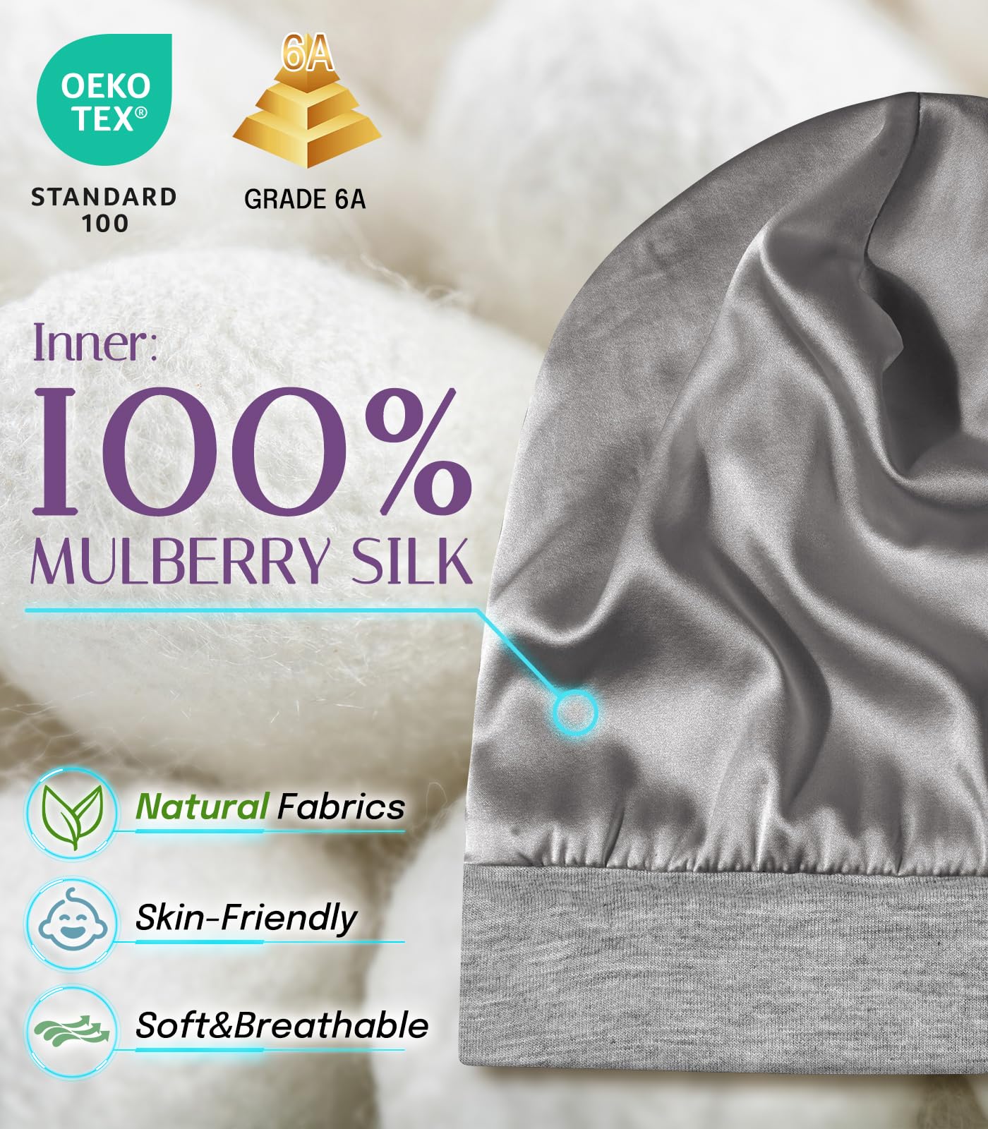 OLESILK Silk Baby Bonnet for 0-6 Months - 100% Mulberry Silk Toddler Hair Bonnet, Adjustable Night Cap for Sleeping Light Grey