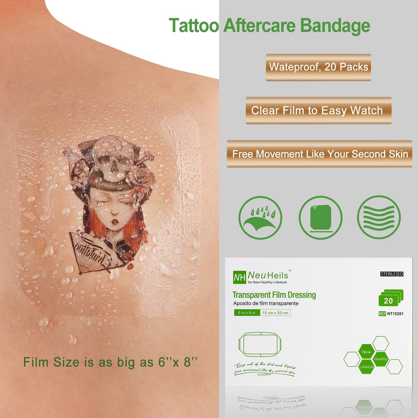NeuHeils Transparent Film Dressing, Size 6''x8'', 20 Packs, Tattoo Aftercare Bandages, Large Waterproof Wound Cover Patch, Post Surgical Shower Shiled, IV Shield, PICC Catheter Shower Cover