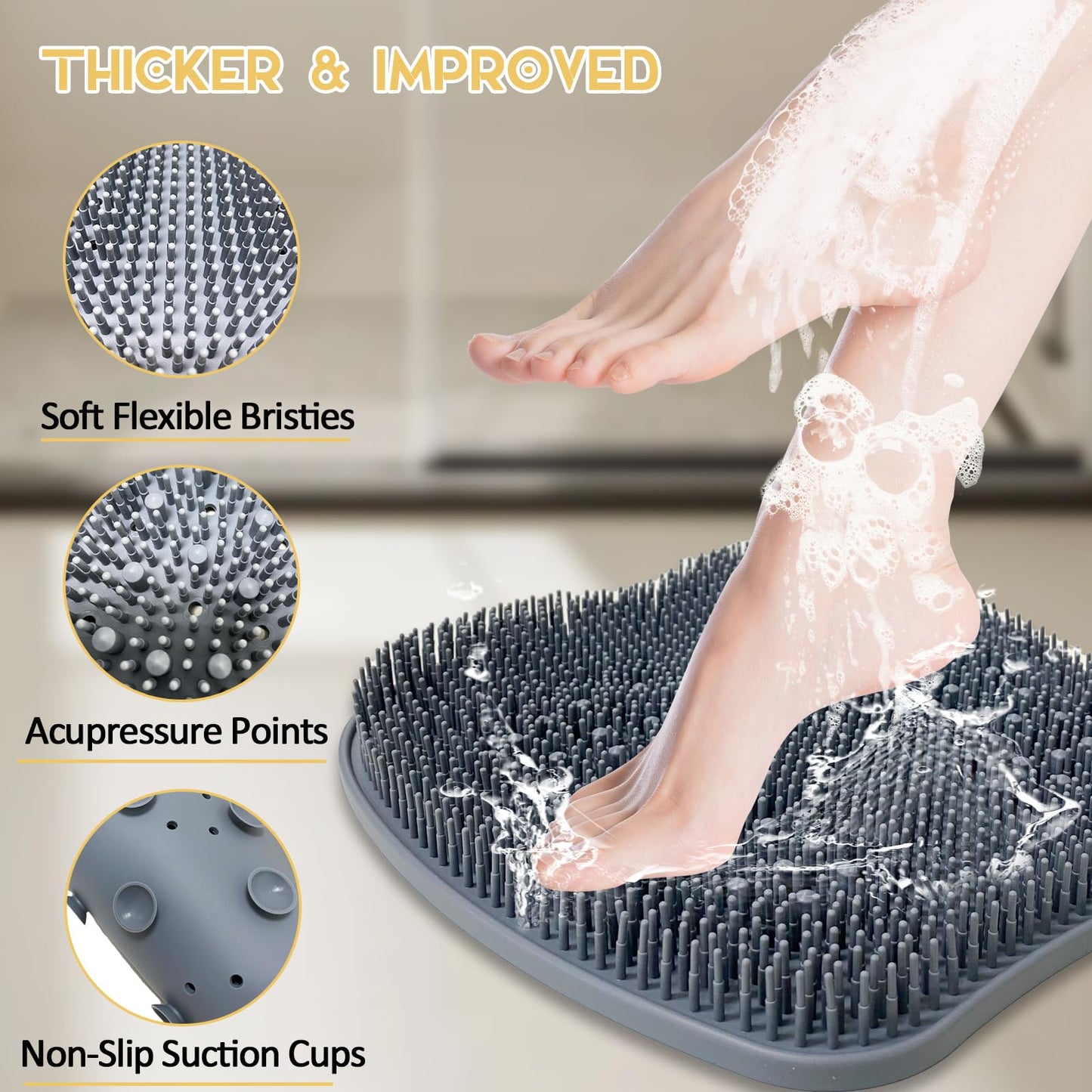 Luckyiren Extra Thicker & Larger Foot Scrubber Mat for Shower, Silicone Back Body Exfoliator Massager Cleaner Washer with Non Slip Suction Cup, Exfoliating Scrub Brush Pad for Women Men Elderly