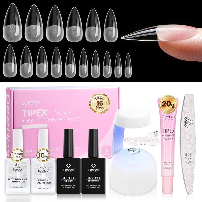 Beetles Nail Tips Kit - Medium Stiletto Full Cover Clear Nails | 256PCS with Dehydrator & Primer, Mini UV Lamp, 20g Glue