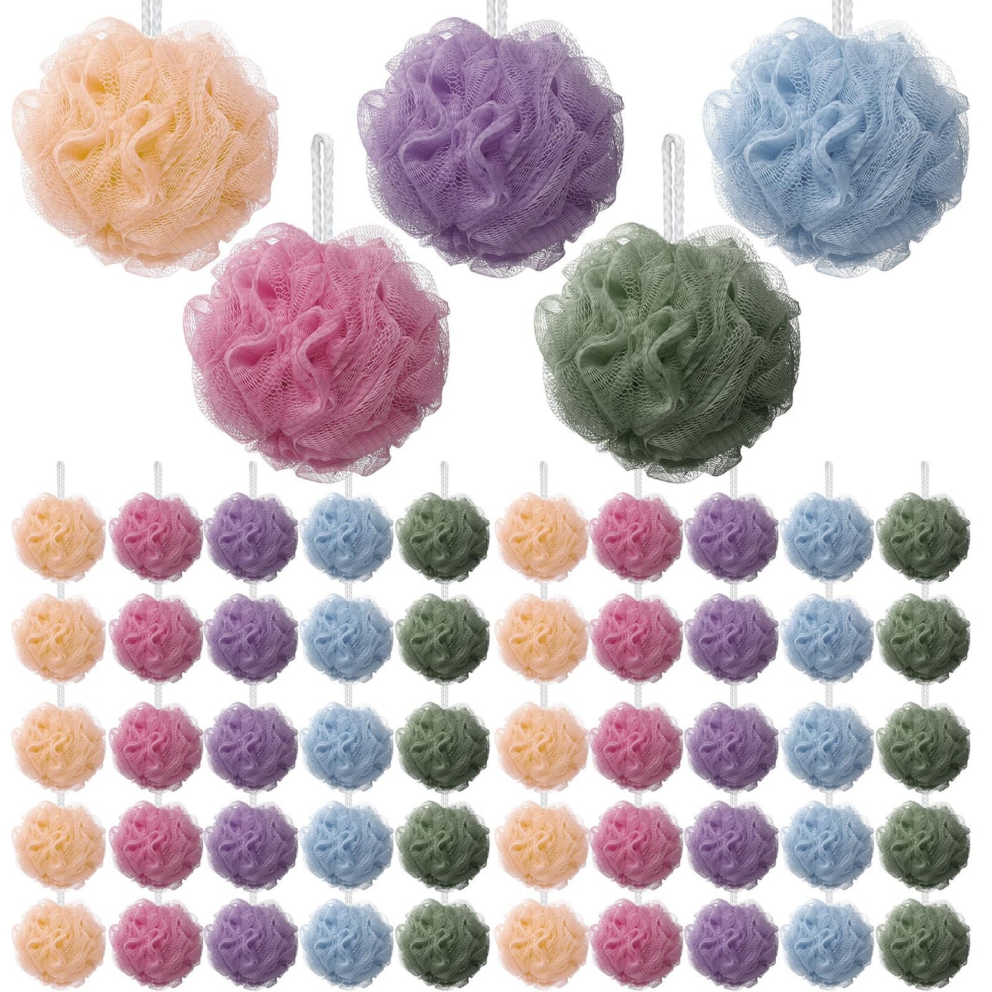 Nitial 50 Pcs Large Bath Shower Loofah Sponge Bulk 60g Exfoliating Bath Sponge Soft Shower Scrunchies Colorful Bath Loofahs for Men Women Shower (Soft Color)
