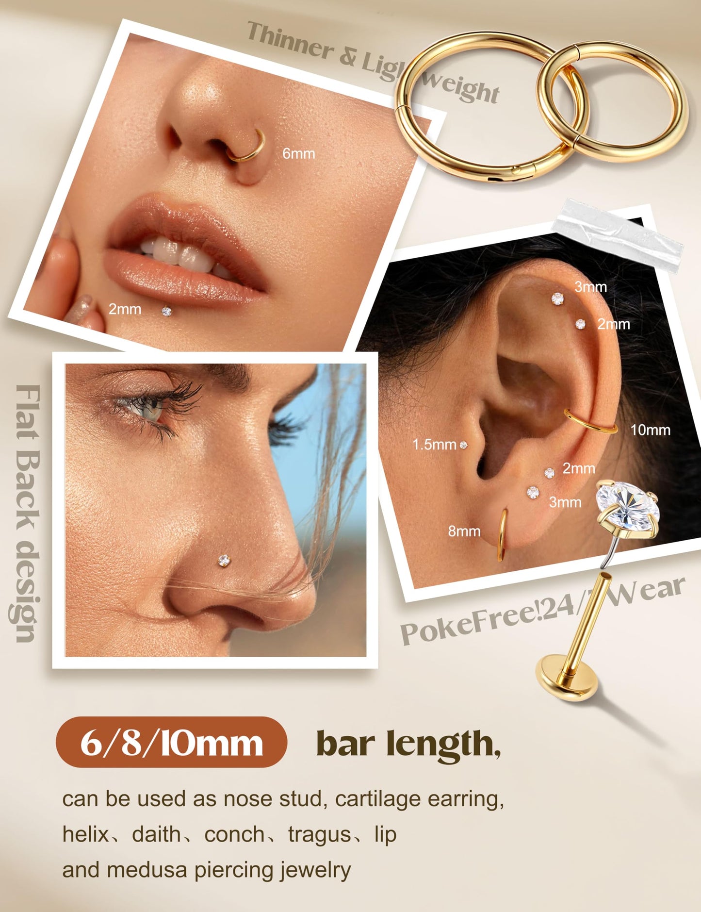 14K Gold Filled Nose Rings Studs Hoops for Women Men: 18G 316L Surgical Stainless Steel Hypoallergenic Dainty Simulated Diamond L Shaped/Corkscrew/Straight/Push Back Nostril Nose Piercing Jewelry