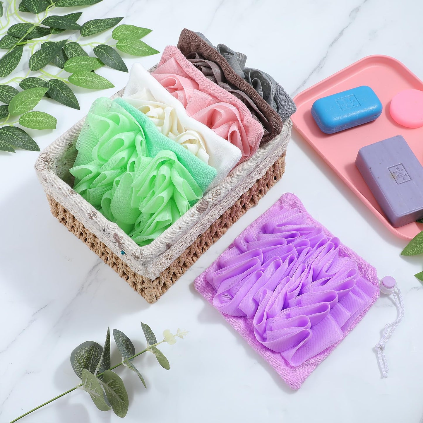 6 Pack Washcloth Loofah Combo, 2 in 1 Drawstring Loofah Sponge with Bar Soap Pocket Exfoliation Mesh Shower Puff Ball for Body Wash Cleansing and Smooth Skin (6 Colors, 6.7 x 6.7 Inch)
