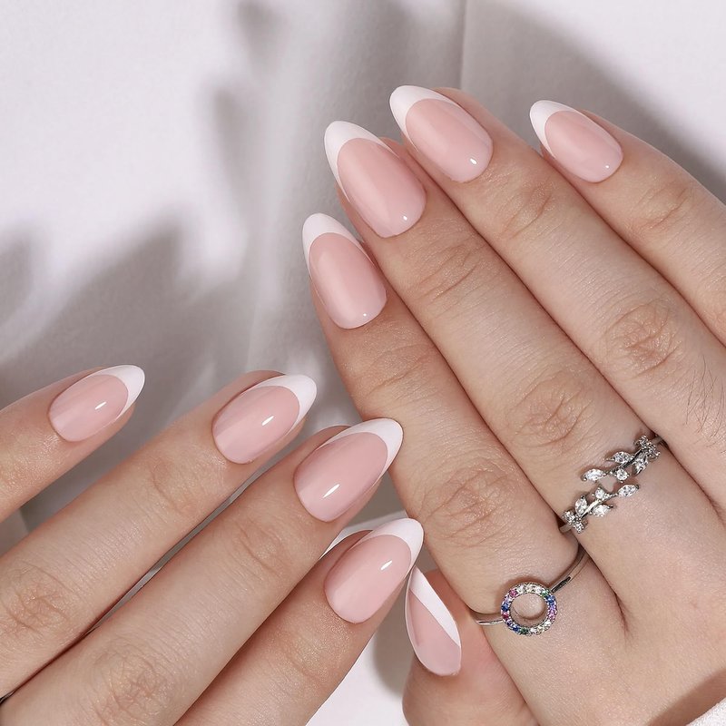 RPNZL Press On Nails - Paris | White French Tip, Short Almond Nails, Fake Nails Salon Quality | 32 Nails, 16 Sizes Kit with Glue and Adhesive Tabs