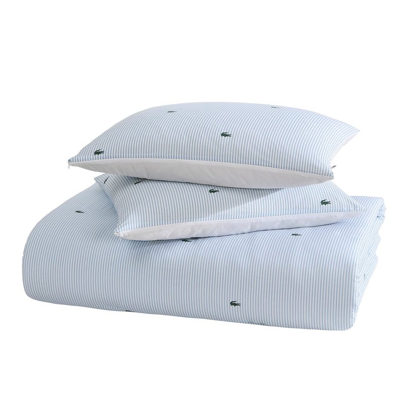 Lacoste Pinstripe Croc Comforter Set, 100% Percale Cotton 180TC, Breathable All Season Bedding with Embroidered Crocodile Logo, Blue, Twin