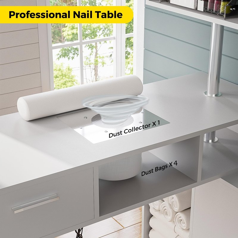 Kikihouse Manicure Table Nail Desk with Dust Collector, L-Shaped Nail Tech Desk with Stool, Two-Way Drawer, Cabinet & Storage Shelves, Rotating Reversible Manicure Workstation on Wheels (White)