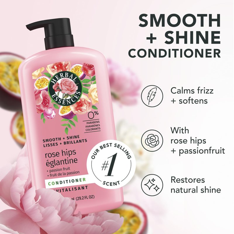 Herbal Essences Conditioner, Rose Hips + Passionfruit - Smooth Collection, Shiny Hair with Vitamin E & Jojoba, Safe for Color Treated Hair, Floral Scent, Cruelty-Free, Dermatologist-Tested, 29.2 Fl Oz