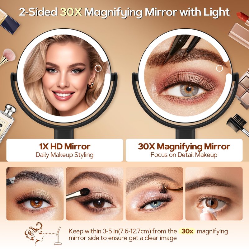 B Beauty Planet Makeup Mirror with Lights, Lighted Magnifying Mirror 30X with 3 Lighting and Adjustable Brightness, 2-Sided Height Adjustable Vanity Mirror for Bathroom, Gifts for Women Black