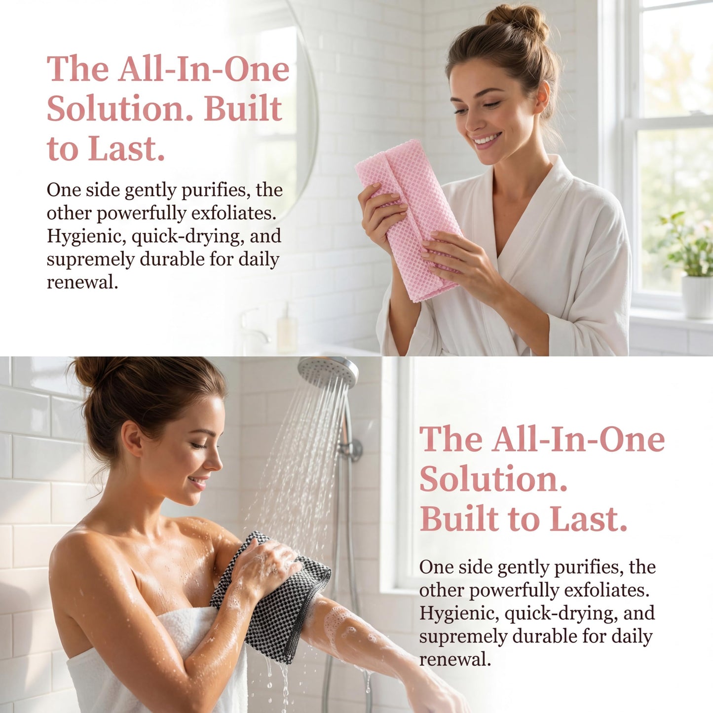 2 PC Alorin Silver Towel Exfoliating Shower Towel, Rip-Resistant Washcloth for All Skin Types, Pink and Black