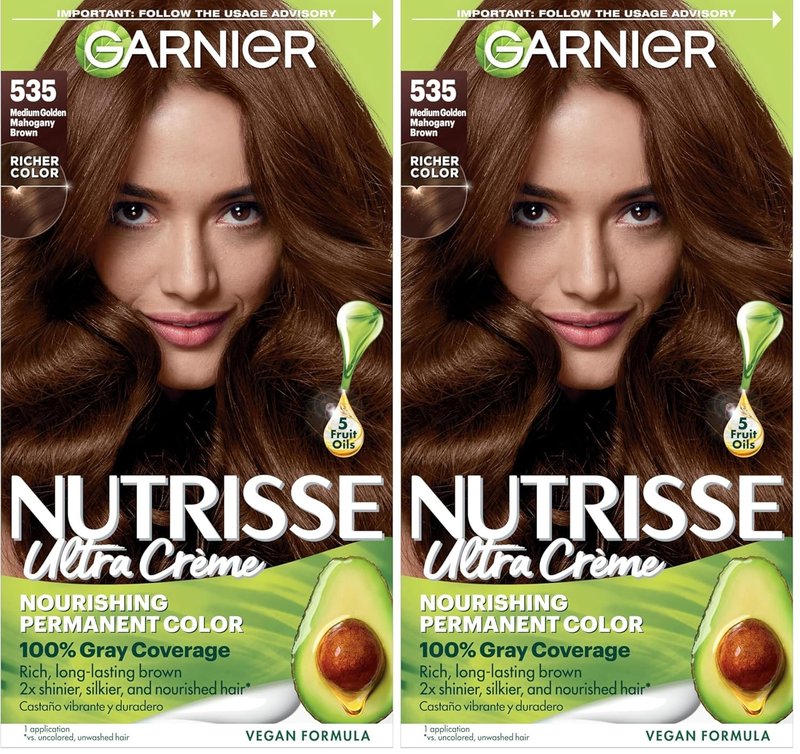Garnier Nutrisse Ultra Crème Hair Color, Permanent Hair Dye with 100% Gray Coverage, Vegan & Cruelty-Free, 535 Medium Gold Mahogany Brown (Chocolate Caramel), 2 Count