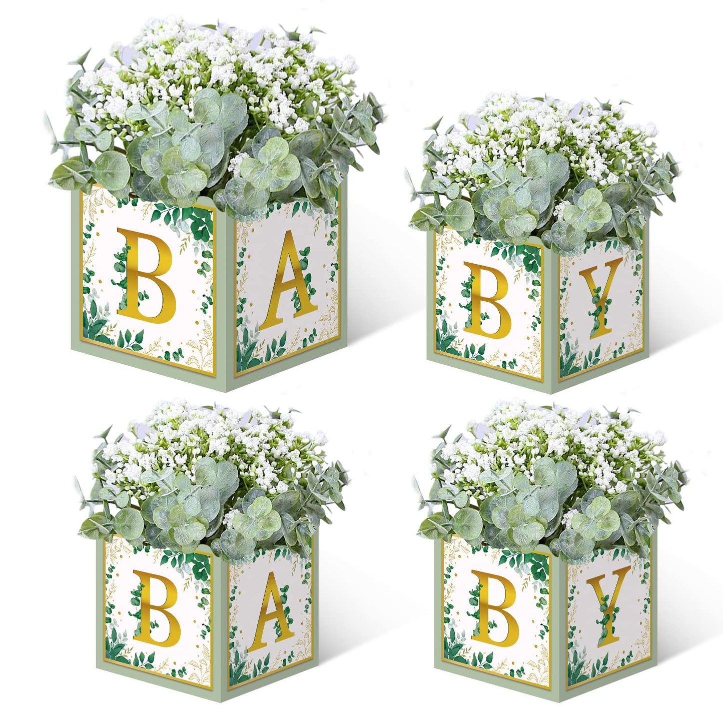 TSVATE Sage Green Baby Shower Boxes, 4PCS Sage Green Gender Reveal Party Supplies Party Centerpiece for Baby Shower First Birthday Decorations (Without Flowers)