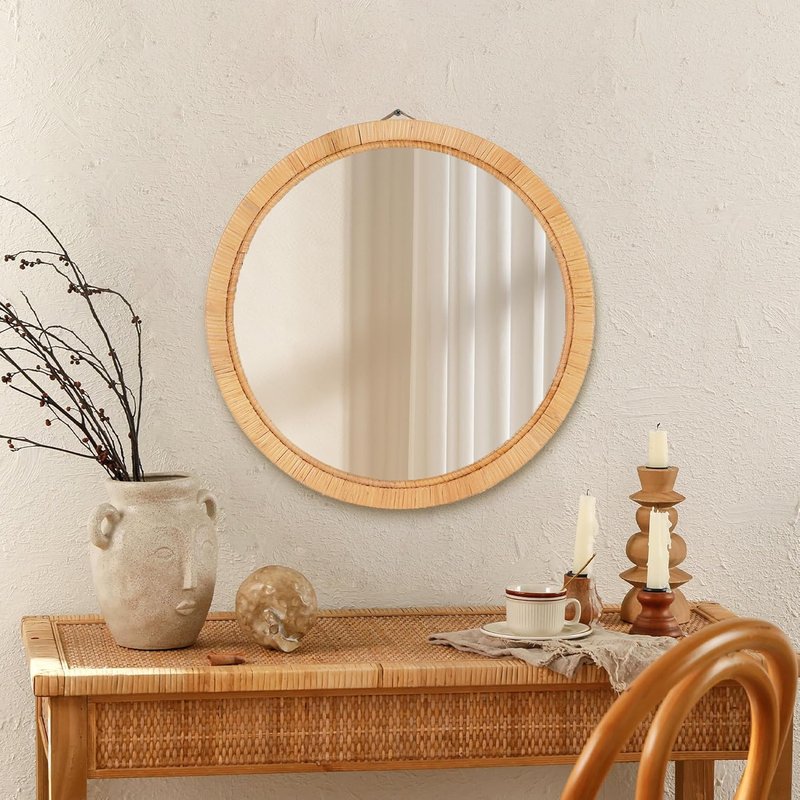 Rattan Wall Mirror - 20" Boho Round Decorative Mirror for Bathroom, Vanity & Entryway | Farmhouse Style
