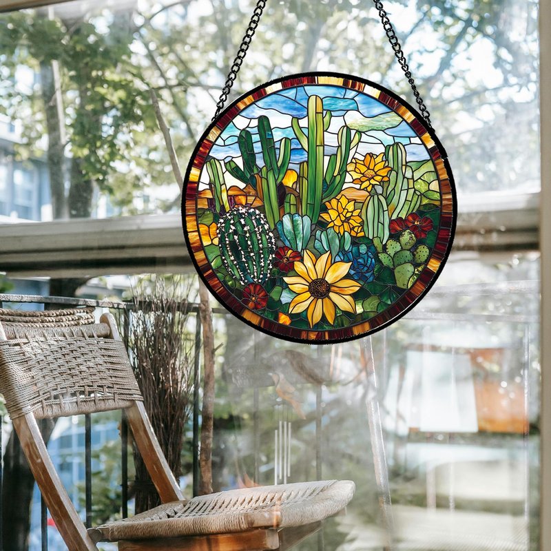 QZQCBLC Stained Glass Window Hanging Green Cactus with Yellow Flowers Large 15" - Suncatcher Door Garden Sun Catcher Home Decor Birthday Christmas for Mom Men Woman Friend Nana