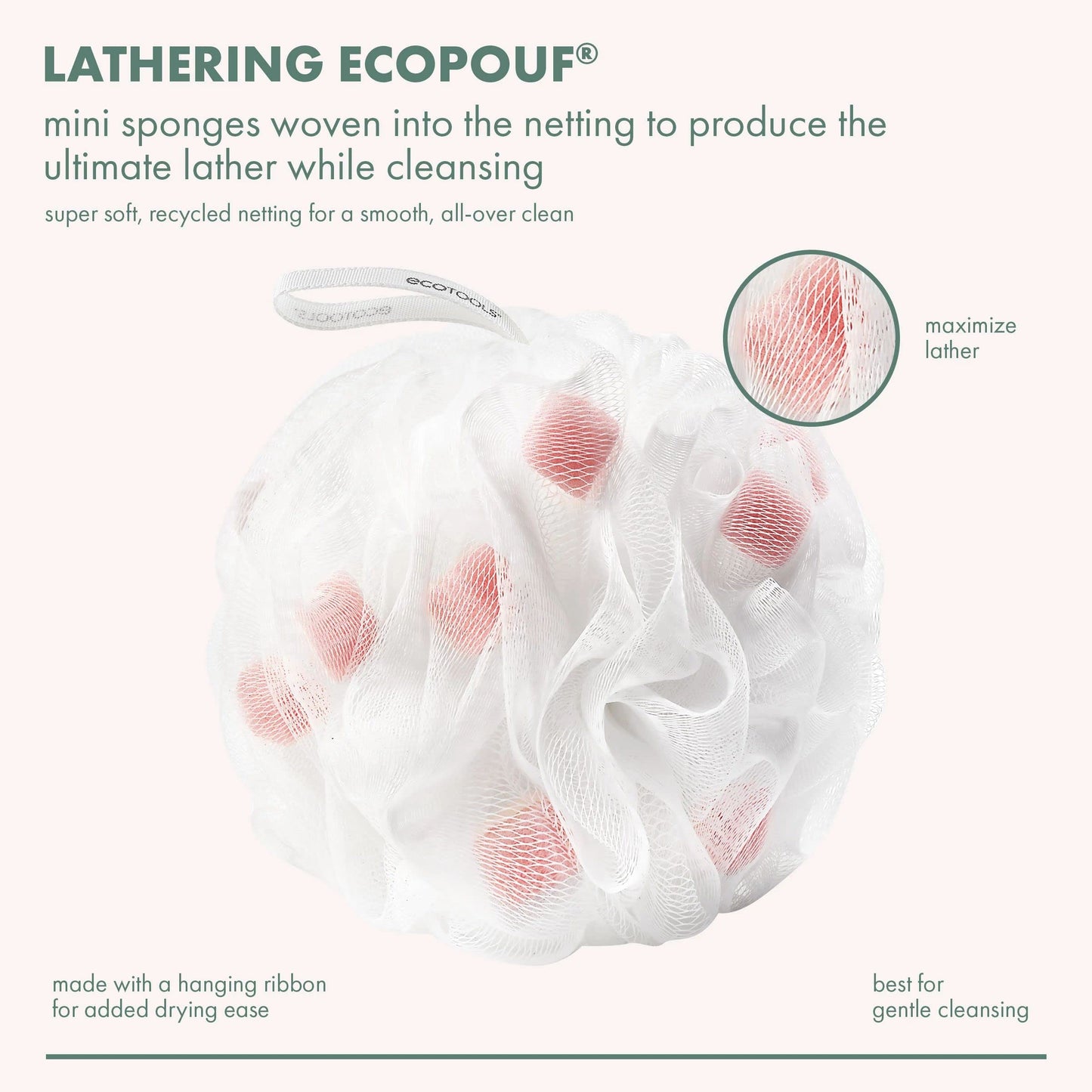 EcoTools Lathering EcoPouf, Loofah Infused with Mini Sponges, Provides Rich Lather, Recycled Netting, Gentle Exfoliation in Bath Or Shower, Pouf Removes Dead Skin, Cruelty-Free, 1 Count