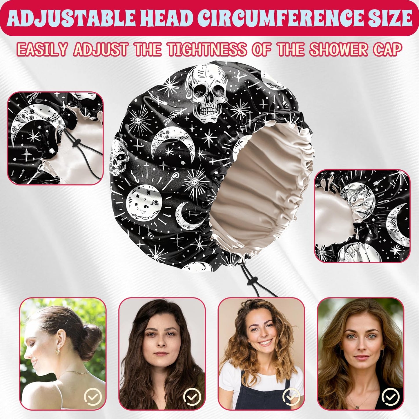 BHAHB Luxury Shower Cap Satin Lined Reusable Waterproof Double Layer Elastic Adjustable Hair Bath Cap Cute Aesthetic Women Girlss-Skull