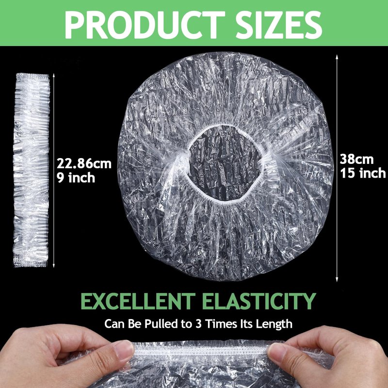 Jeffbaubl 100 PCS Disposable Shower Caps, Large Thick Plastic Hair Cap, Waterproof Shower Cap for Women, Clear Elastic Bath Caps for Home Hair Salon Hair Treatment Travel Spa Hotel