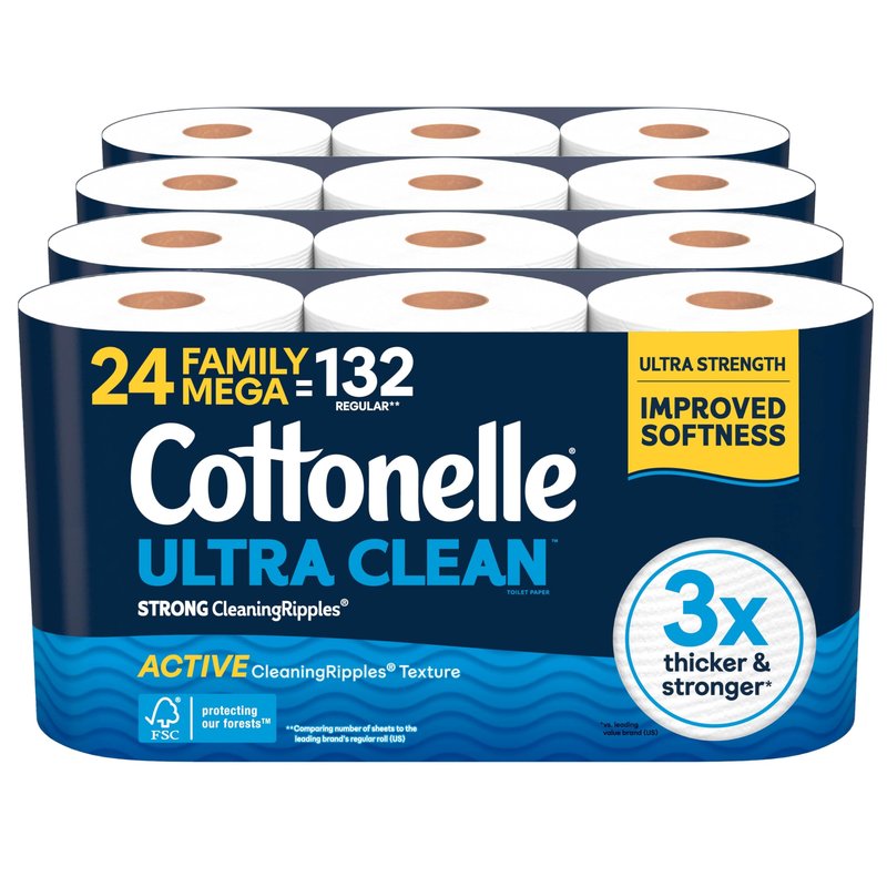 Cottonelle Ultra Clean Toilet Paper with Active CleaningRipples Texture, Strong Bath Tissue, 1-Ply, White, 24 Family Mega Rolls = 132 Regular (4 Packs of 6)